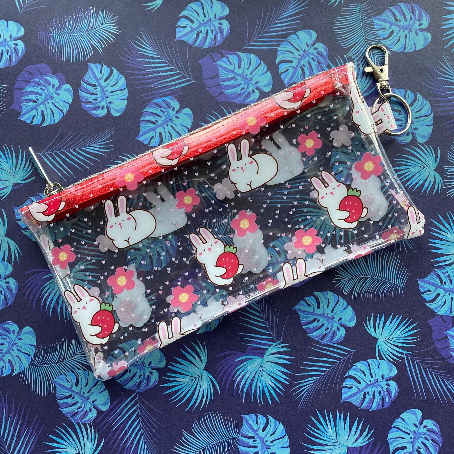 Transparent Strawberry Bunny Vinyl Pencil Pouch