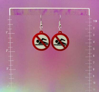 No Swimming Sign Dangle Earrings